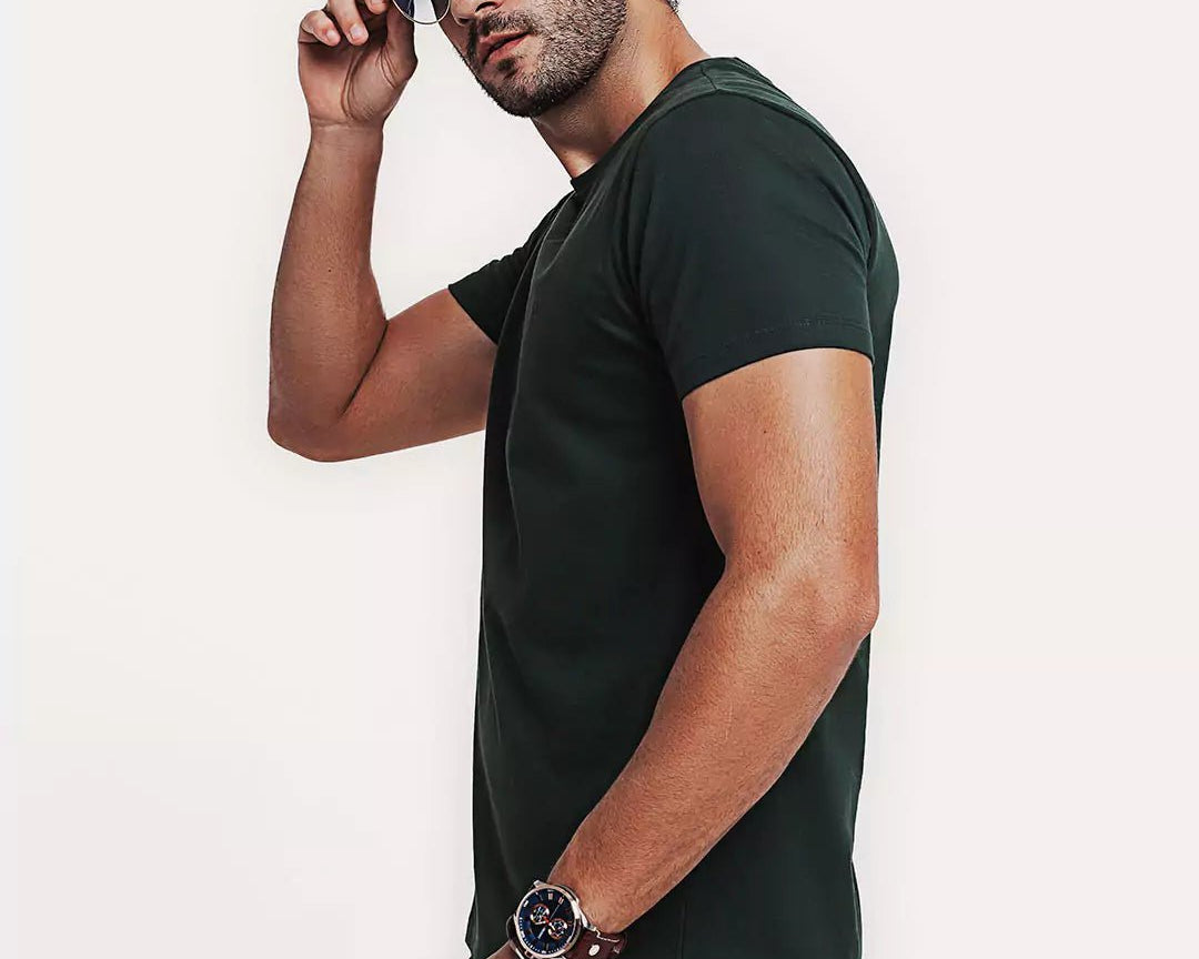 Camiseta Algodão 301 Verde Escura Algodão BCI™ & Tingimento Reativo EZUTUS Roupa Masculina Básica de Qualidade